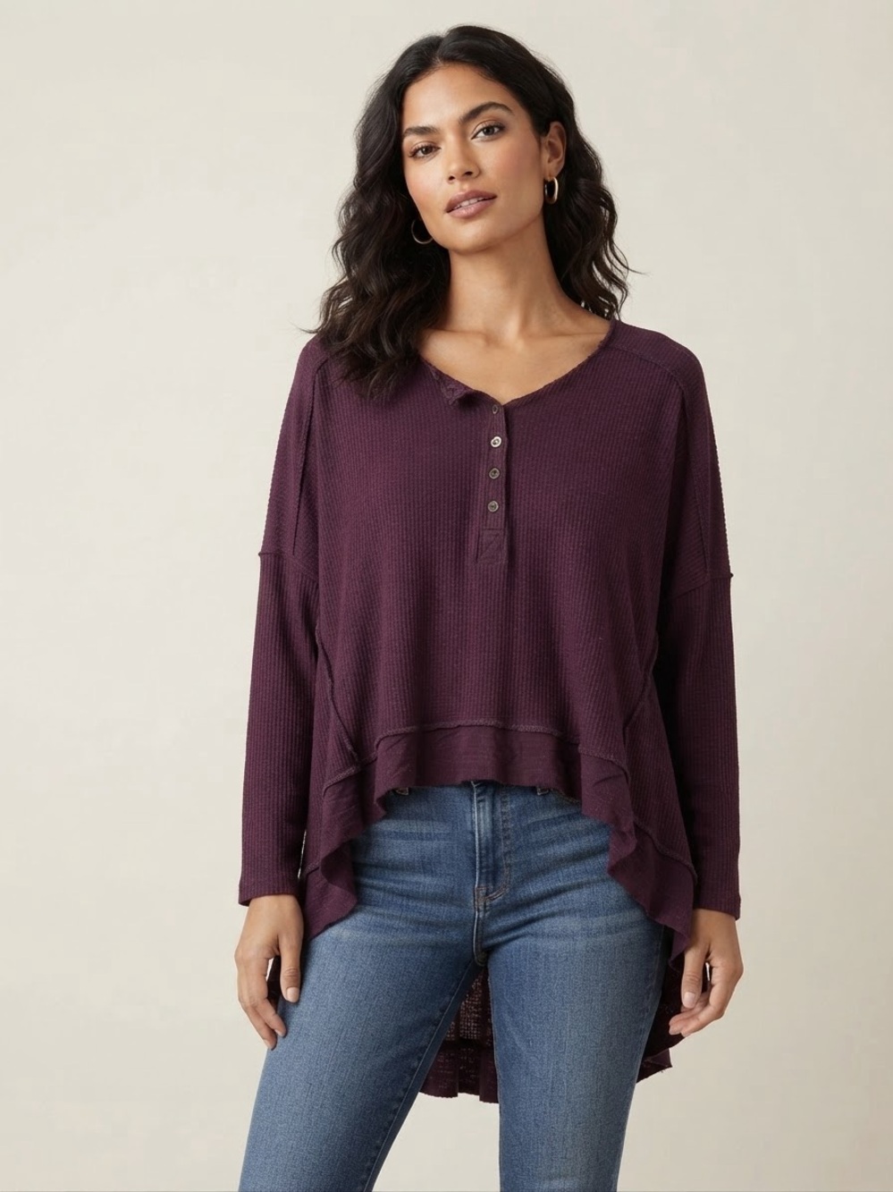 Free People Waffle Knit Henley High Low Top - Plum
